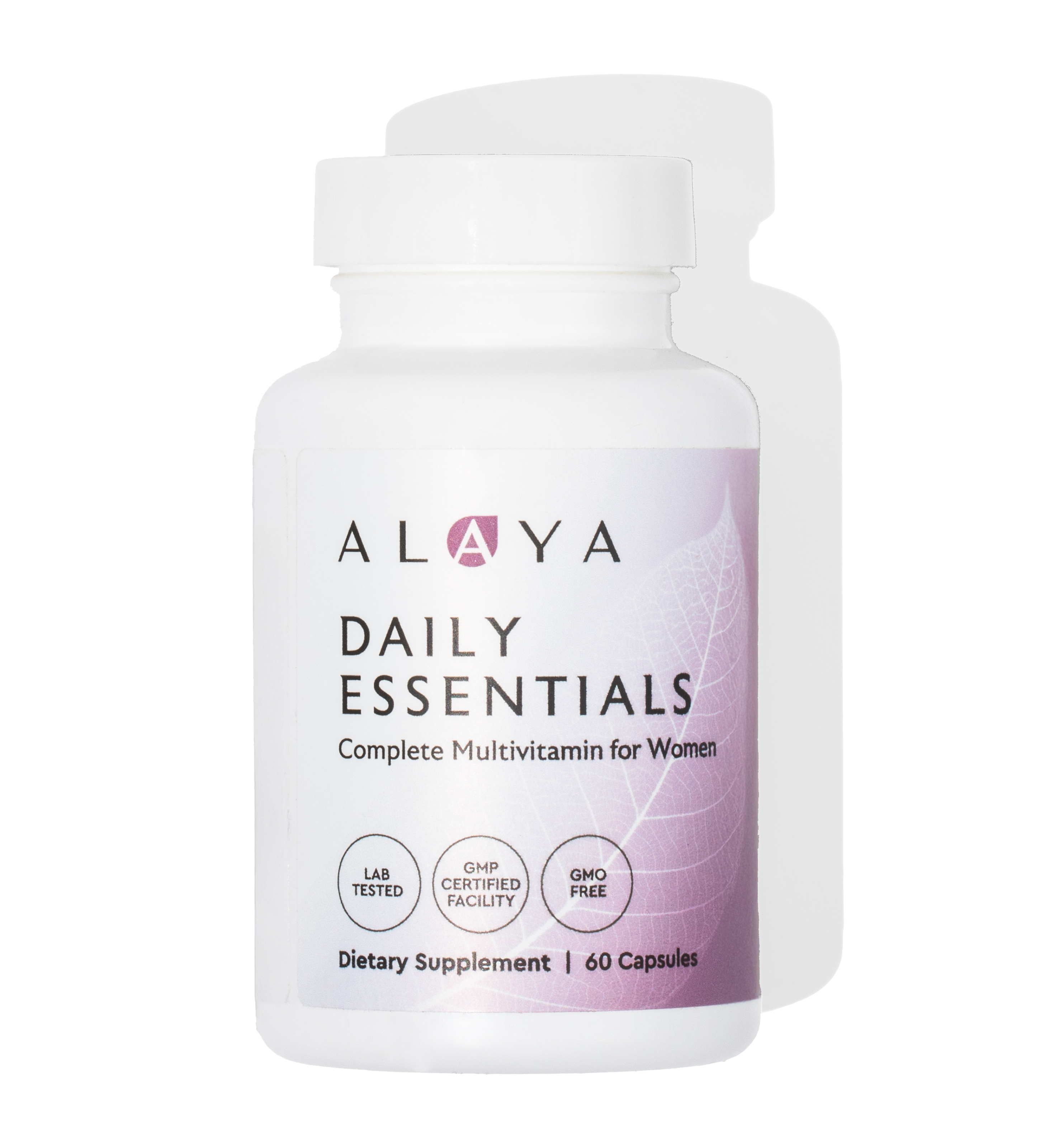 White bottle labeled 'Daily Essentials' multivitamin for women.