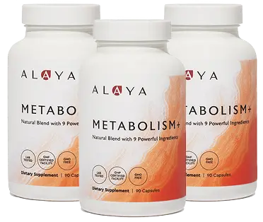 Three white bottles of Alaya Metabolism+ dietary supplement against a white background.