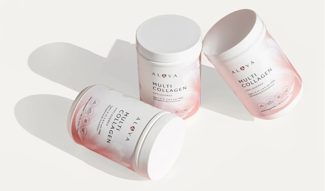 Three containers of multi-collagen supplement on a white background.