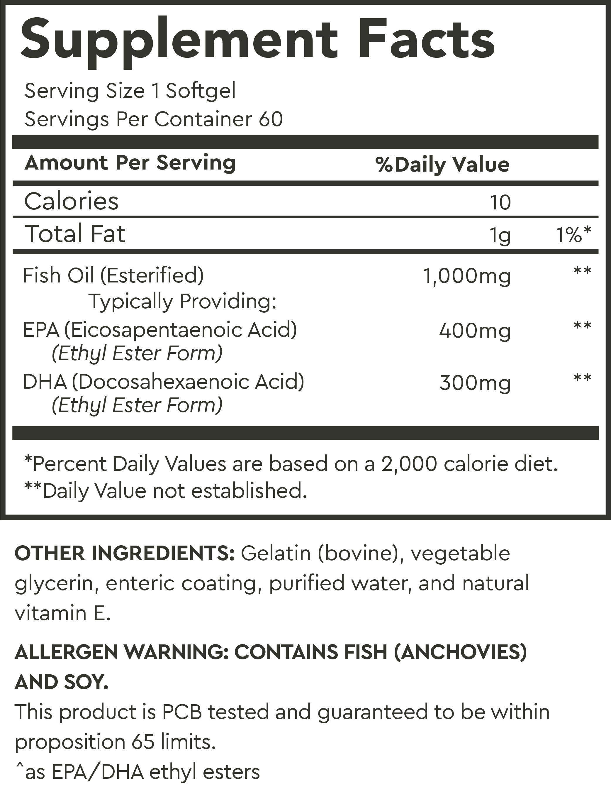 Supplement facts label for fish oil softgel, contains EPA and DHA, allergen warning for fish and soy.