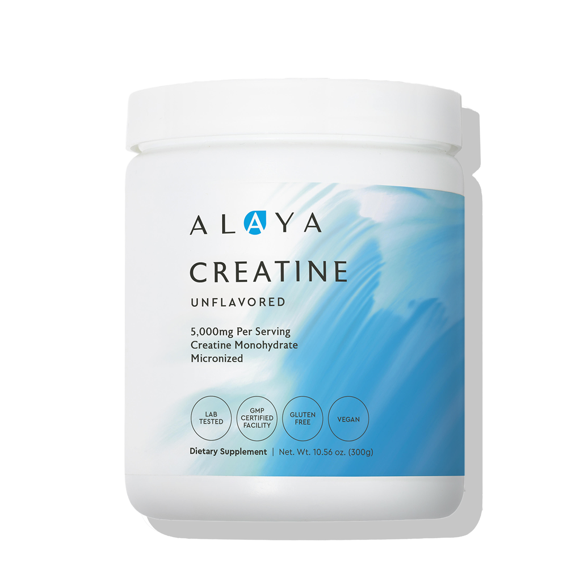 White container of Alaya unflavored creatine supplement with blue design.