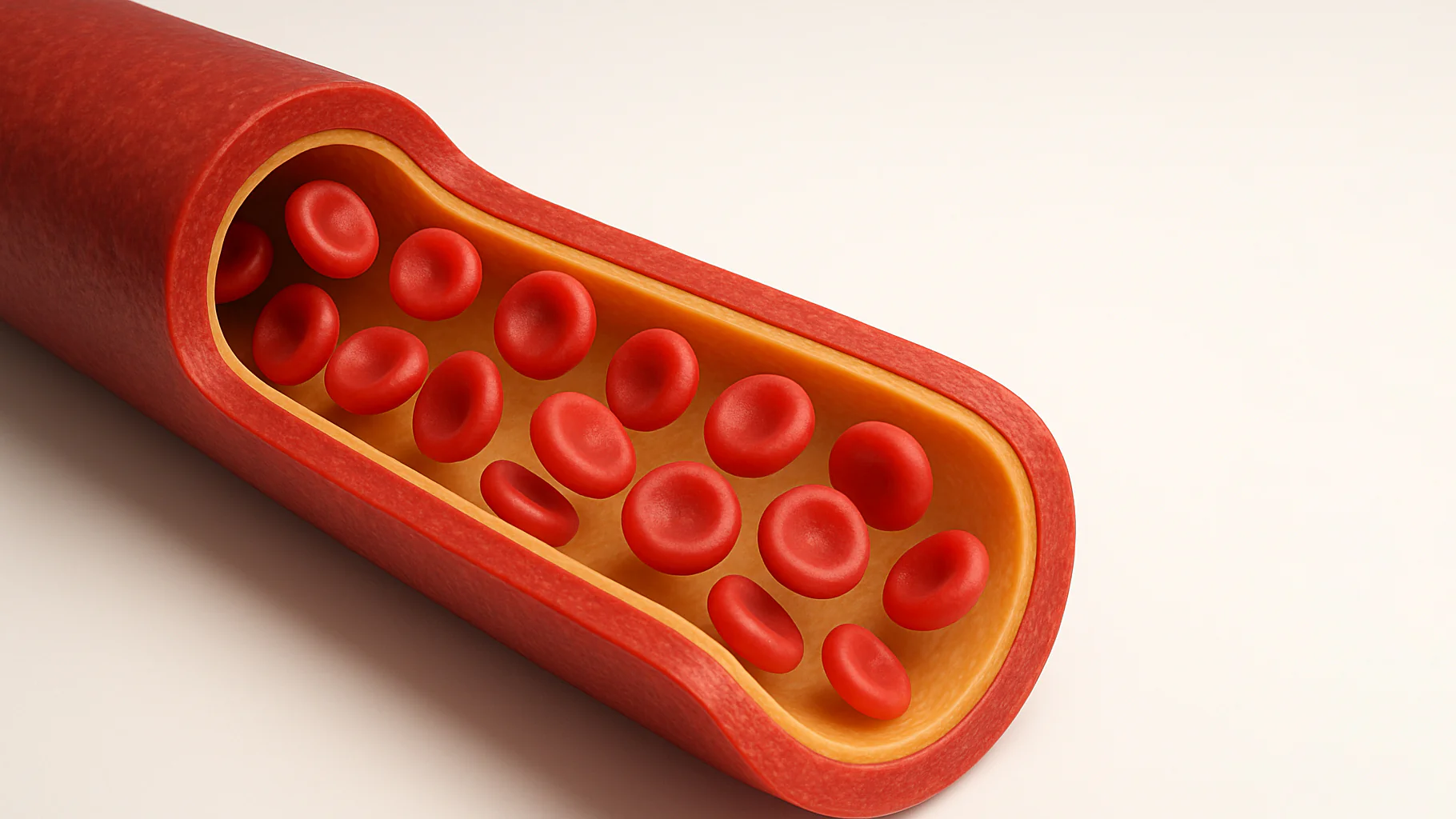 A 3D rendering of a cross-section of a blood vessel with red blood cells flowing through it.
