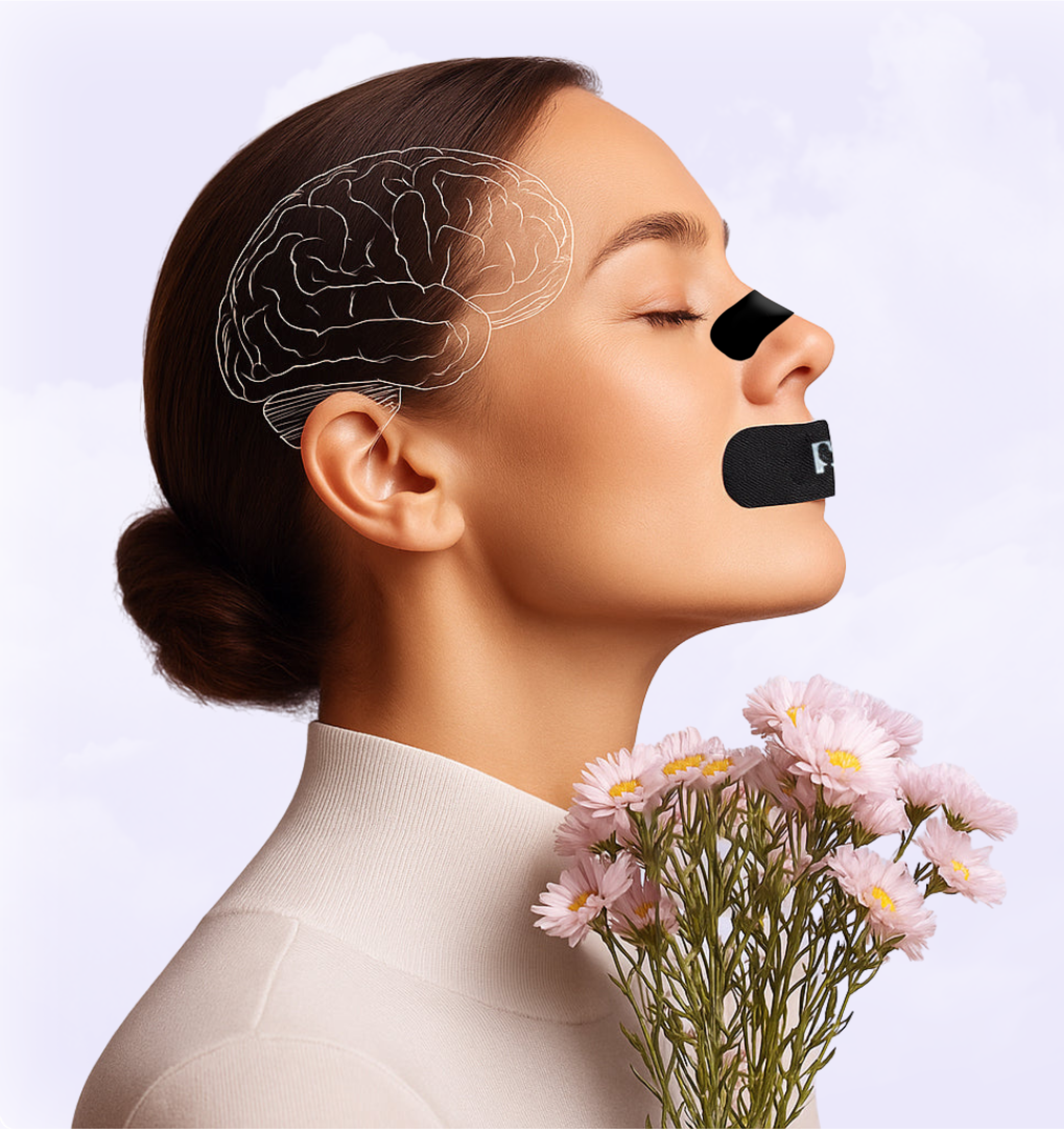 Profile of a person with brain illustration, flowers, and a black tape over mouth.