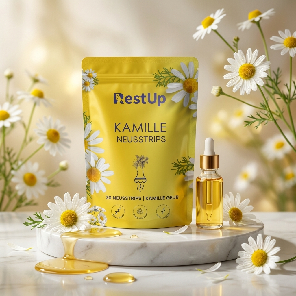 Chamomile-themed nasal strips package with flowers and a small dropper bottle.