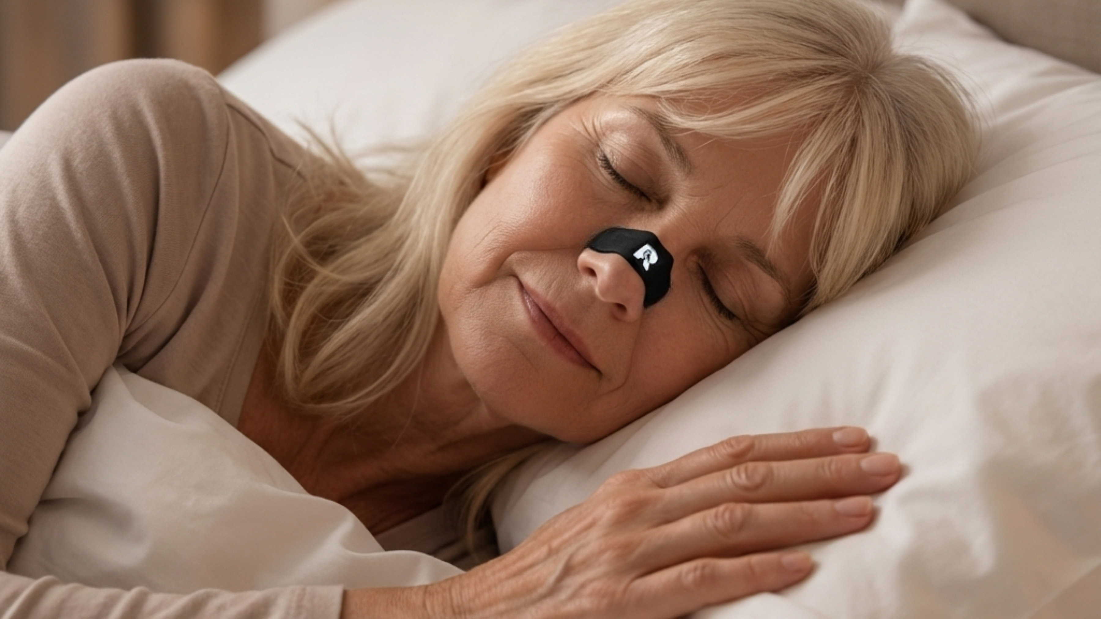 A woman with blonde hair sleeps in bed wearing a small black device on her nose.