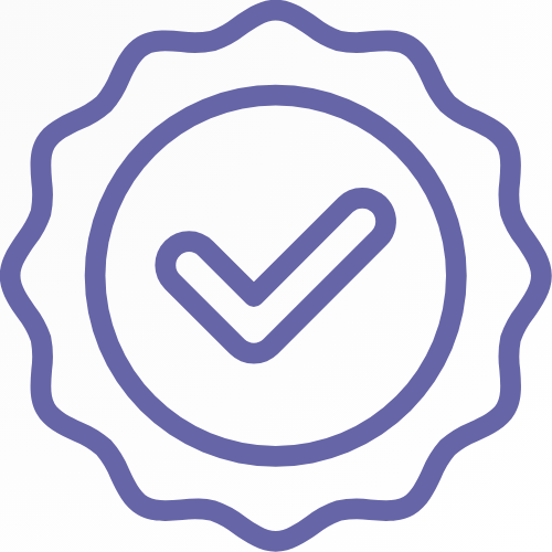 Purple checkmark inside a wavy-edged circle.
