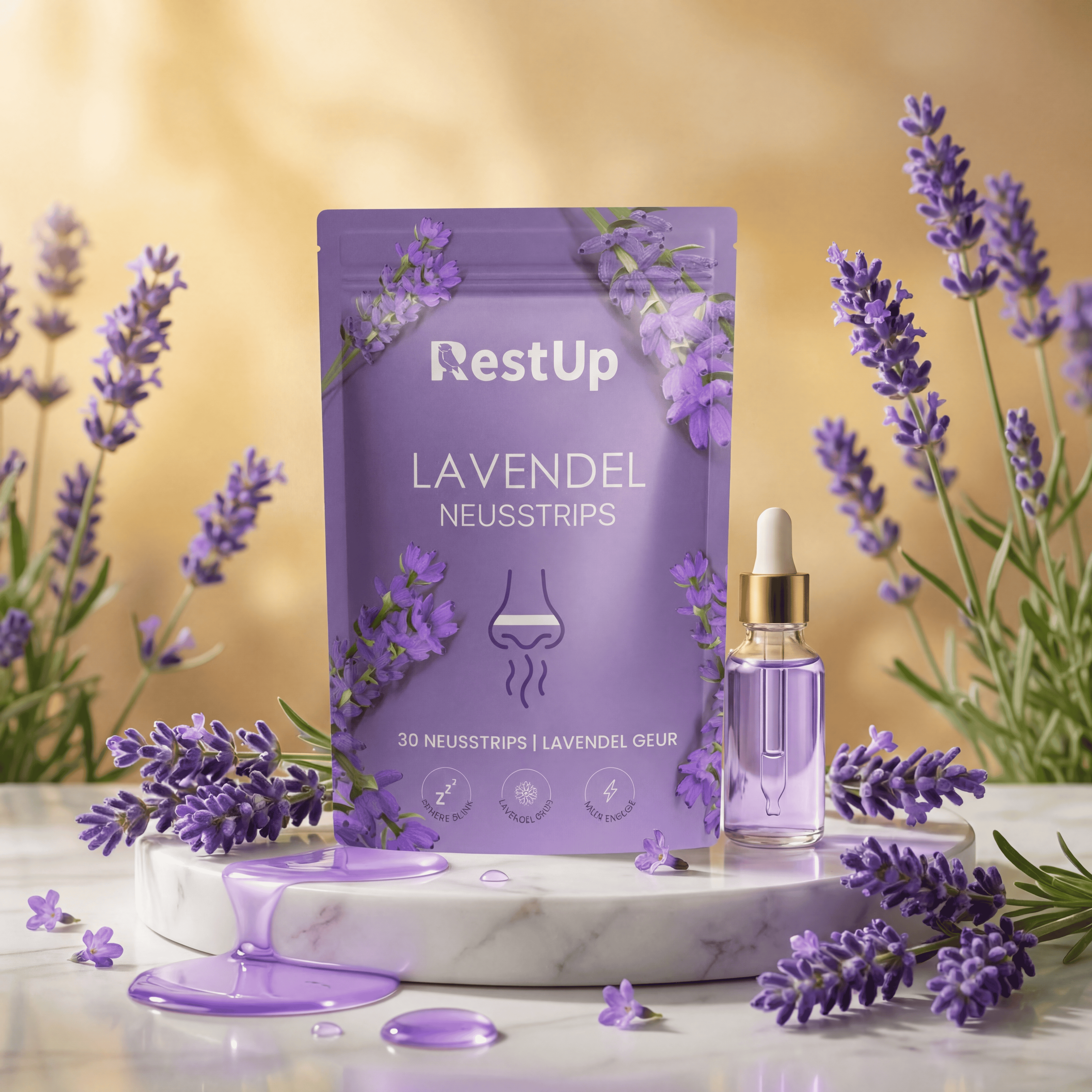 A pouch of RestUp lavender nose strips and a dropper bottle sit among fresh lavender flowers.