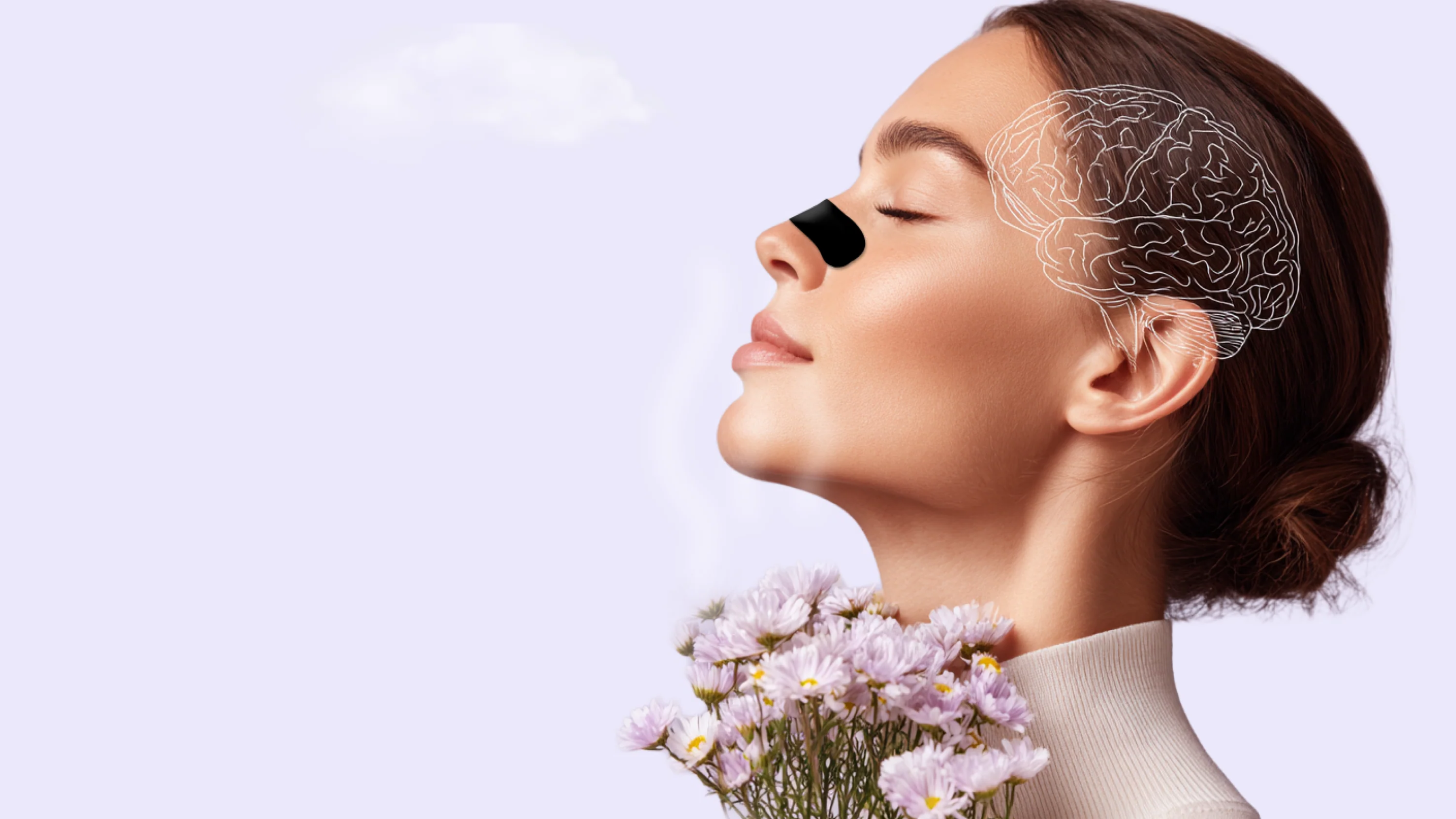 A woman in profile smells flowers while wearing a nose strip, with a line drawing of a brain.