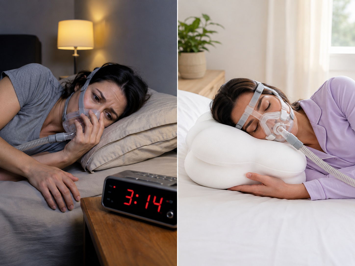 A split image shows a woman with a CPAP mask awake and distressed, then sleeping peacefully.