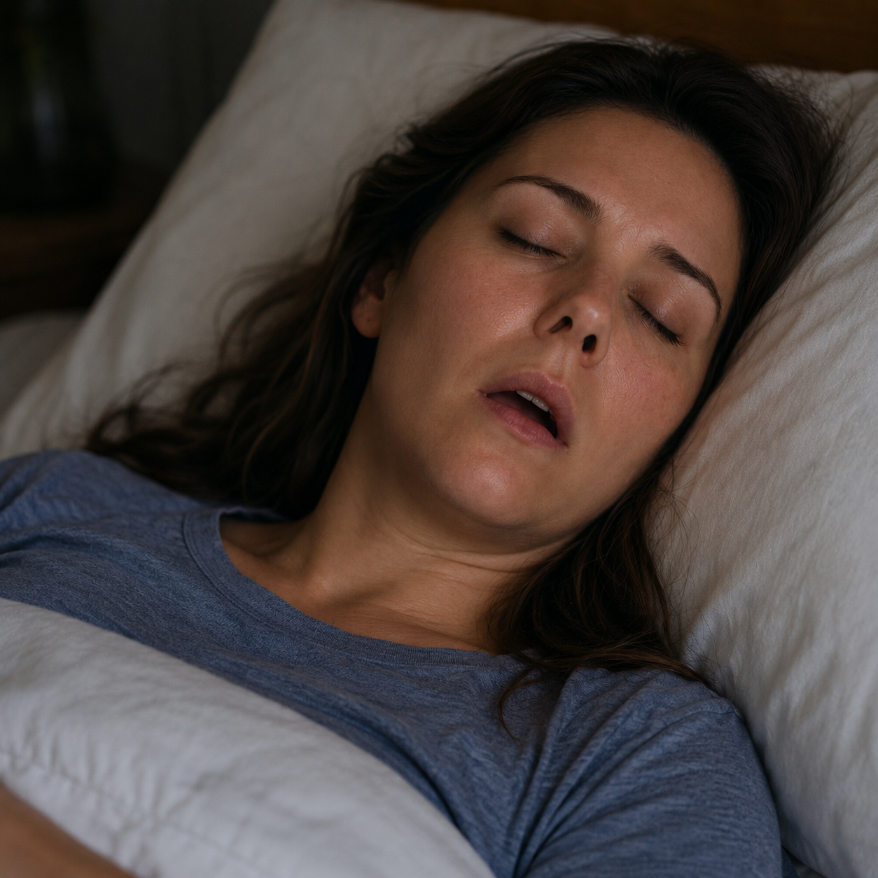 A female doctor in a lab coat uses a stethoscope on herself while looking at a laptop.