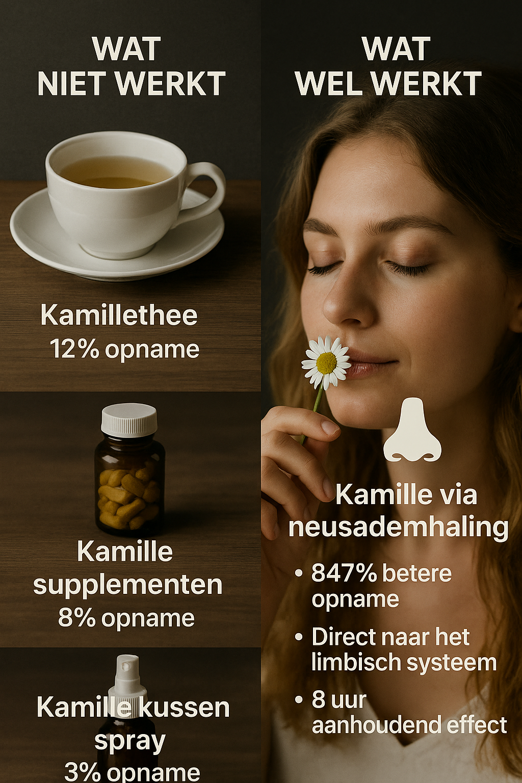 Comparison of chamomile tea, supplements, spray, and inhalation effectiveness.