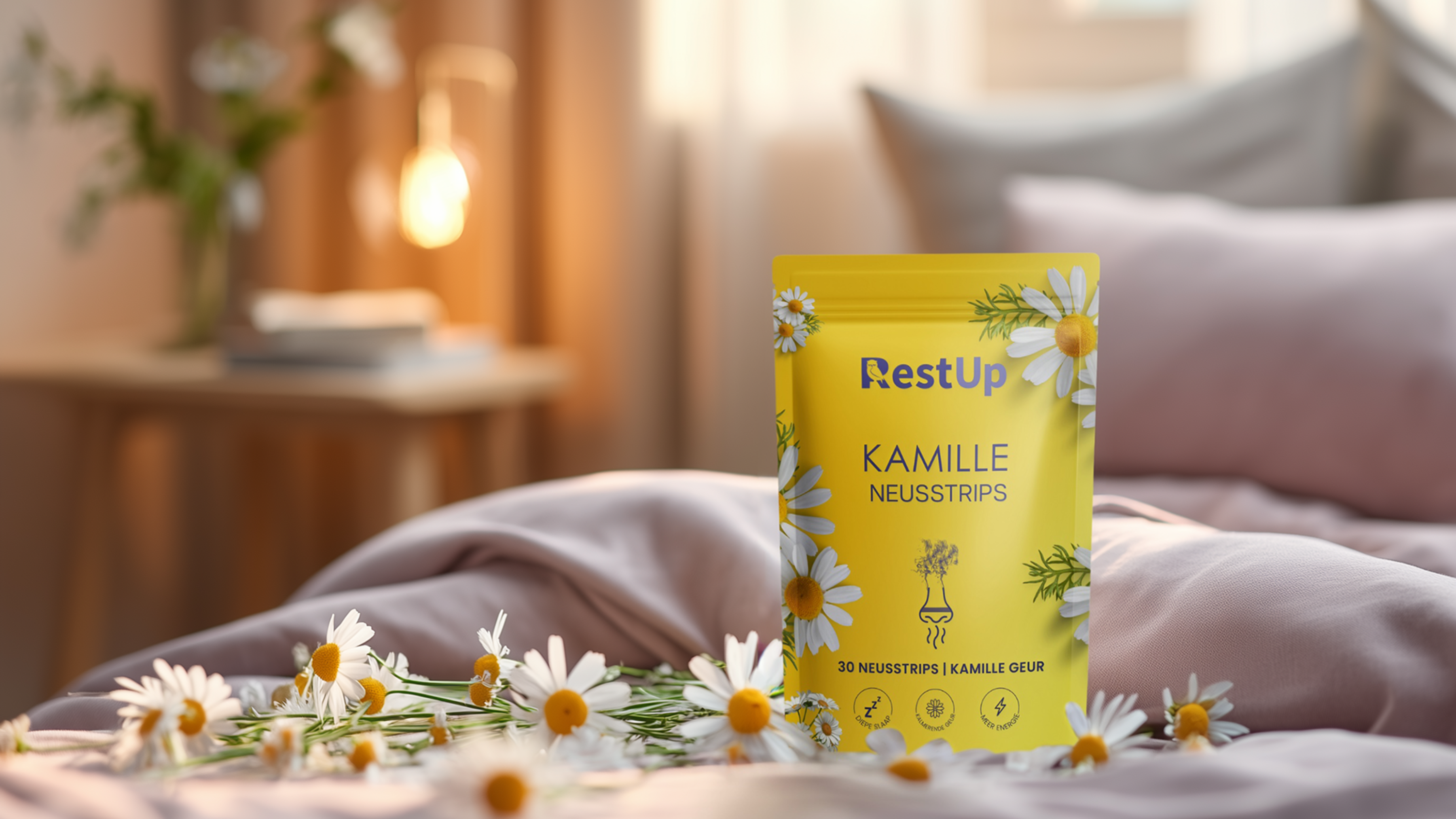 A yellow pouch of RestUp Kamille Neusstrips on a bed, surrounded by fresh chamomile flowers.