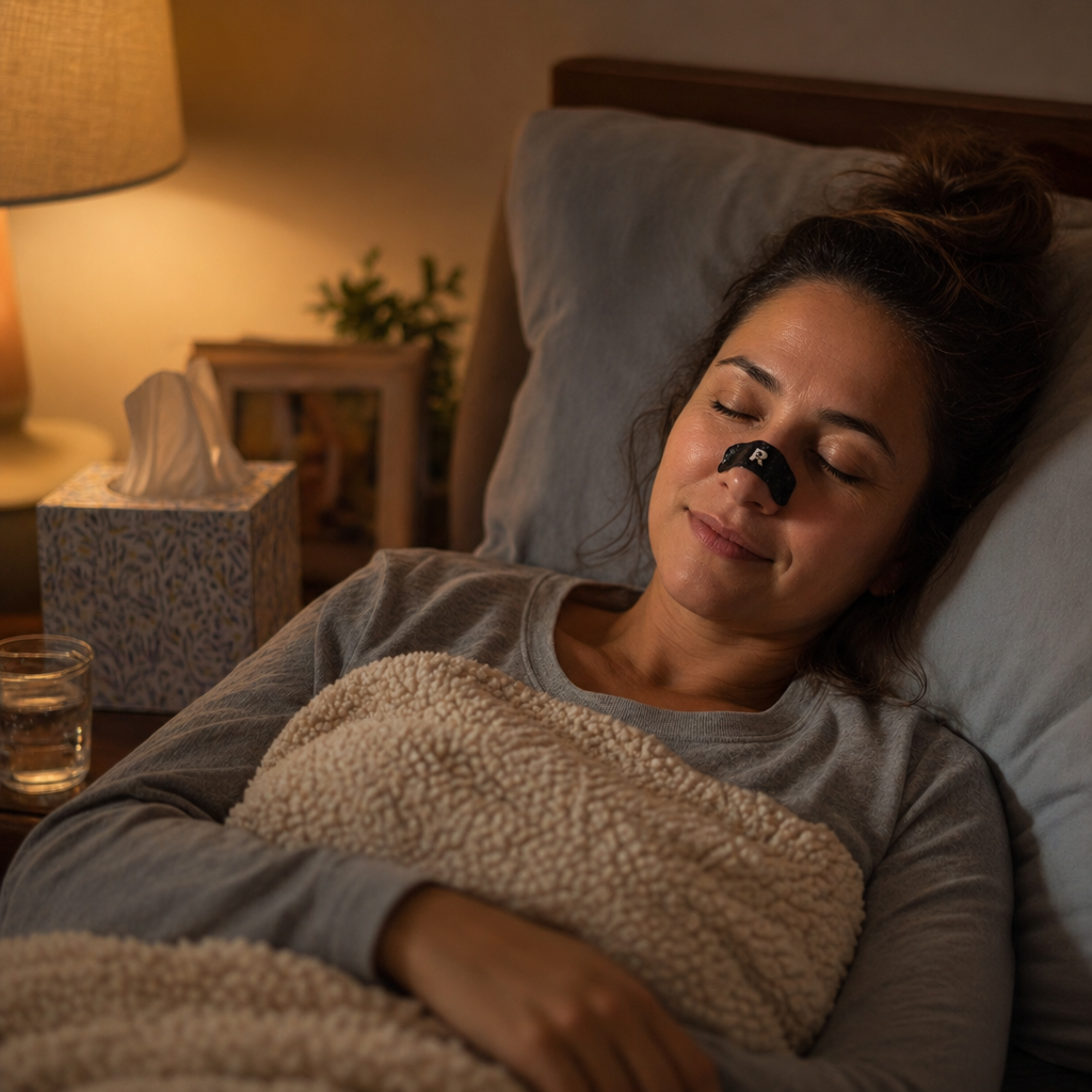 A woman sleeps peacefully in bed while wearing a black nasal strip on her nose.