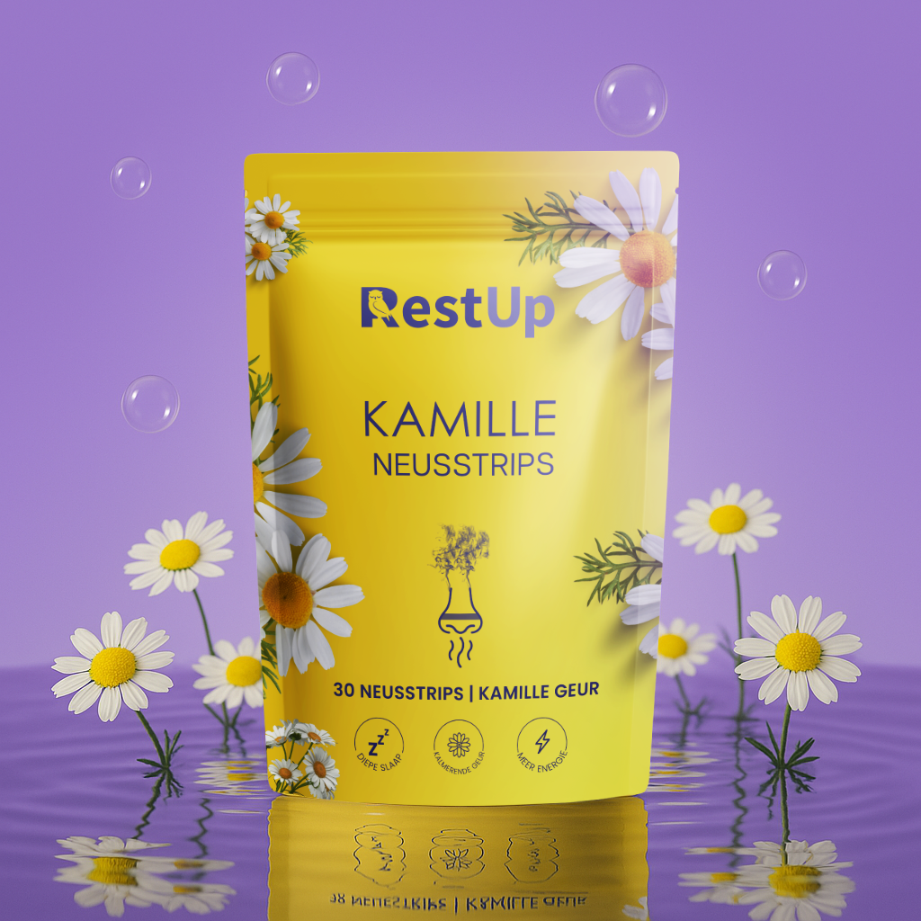 Yellow chamomile-themed packaging with flowers and bubbles on a purple background.