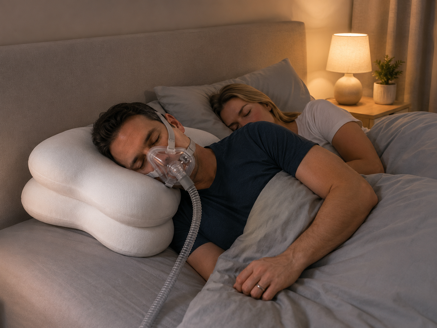 A man wearing a CPAP mask sleeps on a contoured pillow next to a woman in bed.