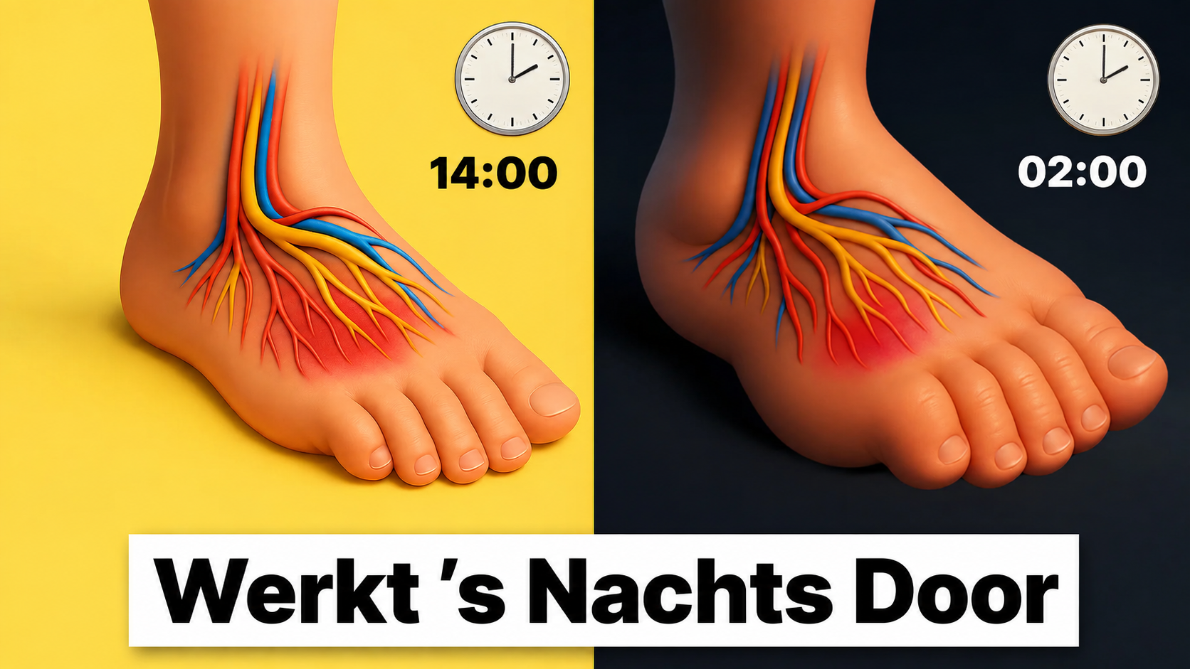 A split-screen image of a foot diagram with blood vessels and nerves, comparing daytime (14:00) and nighttime (02:00).