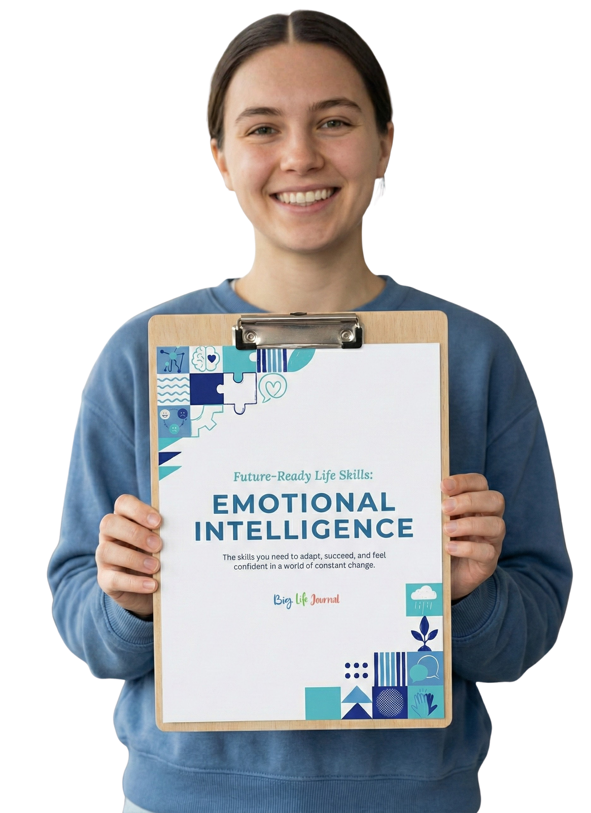 A smiling woman in a blue sweatshirt holds up a clipboard with a paper that says 'Emotional Intelligence'.