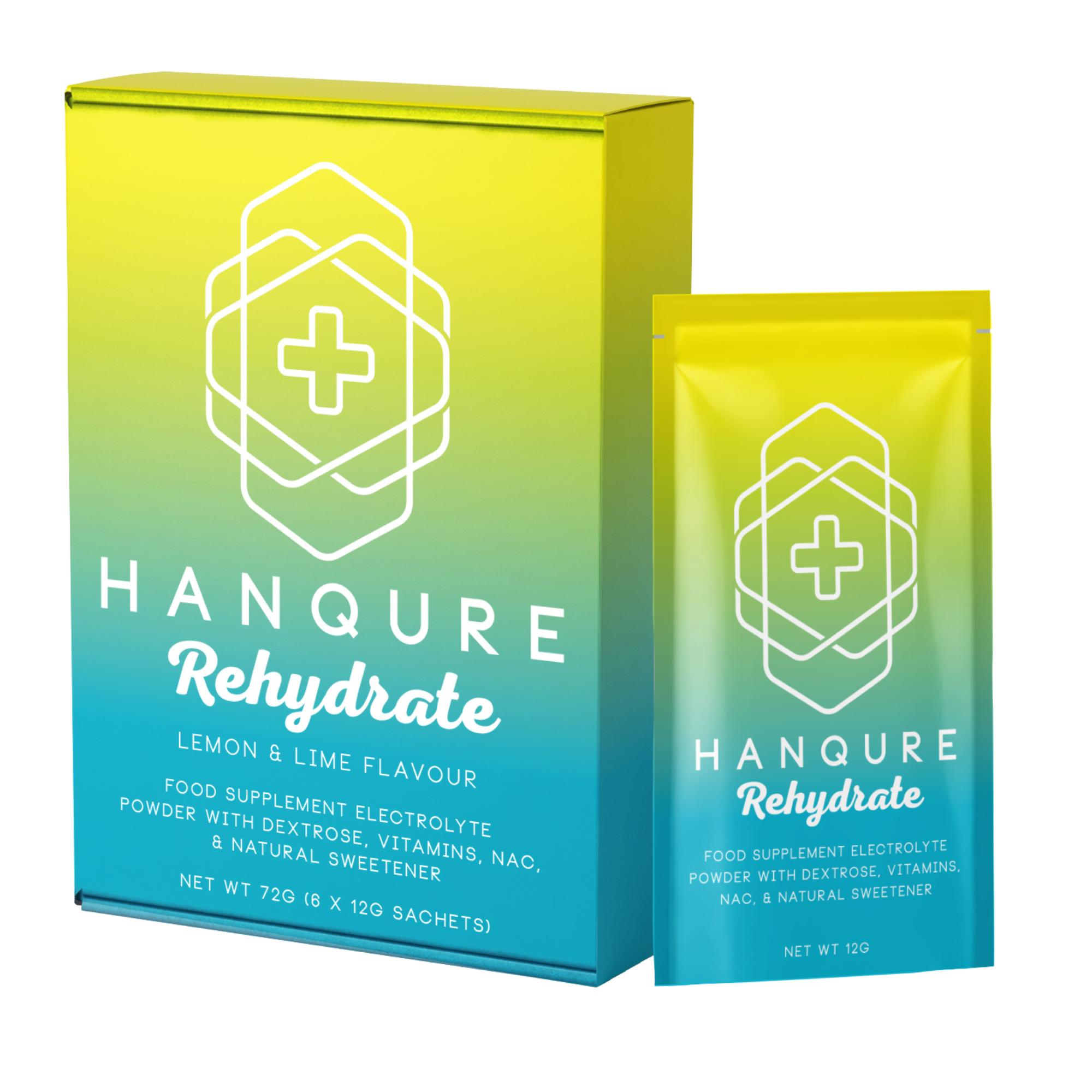 Box and sachet of Hanqure Rehydrate lemon and lime flavor supplement.