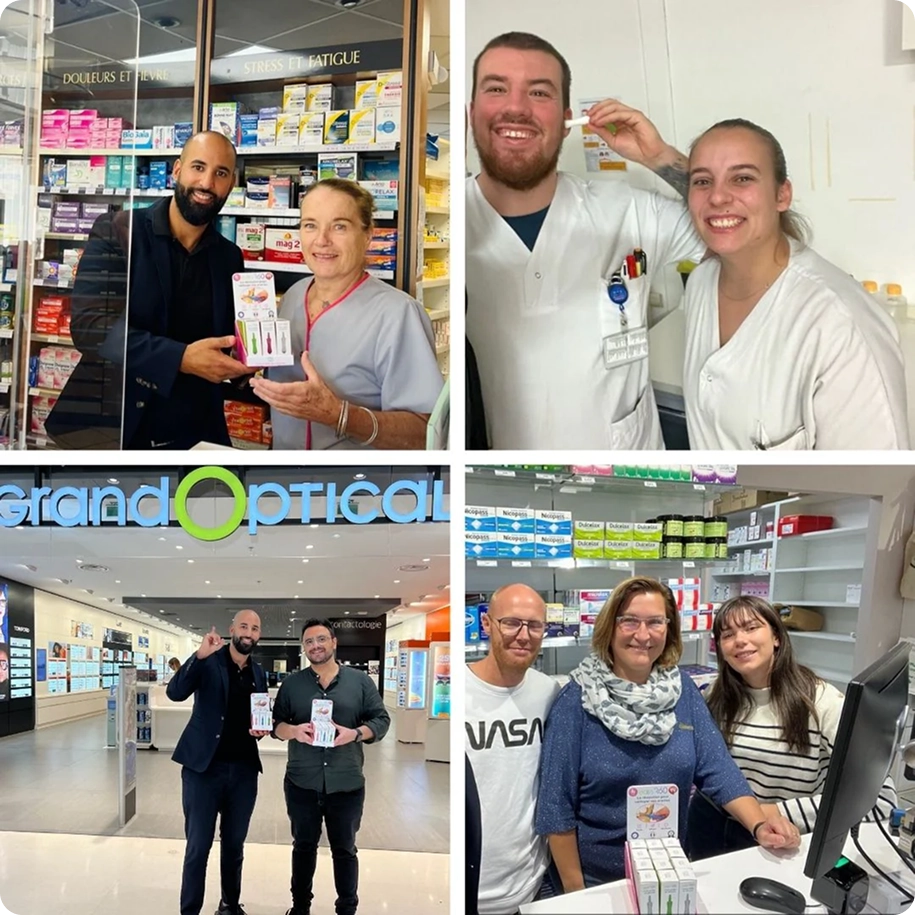 Collage of people in pharmacies holding products and posing for the camera.