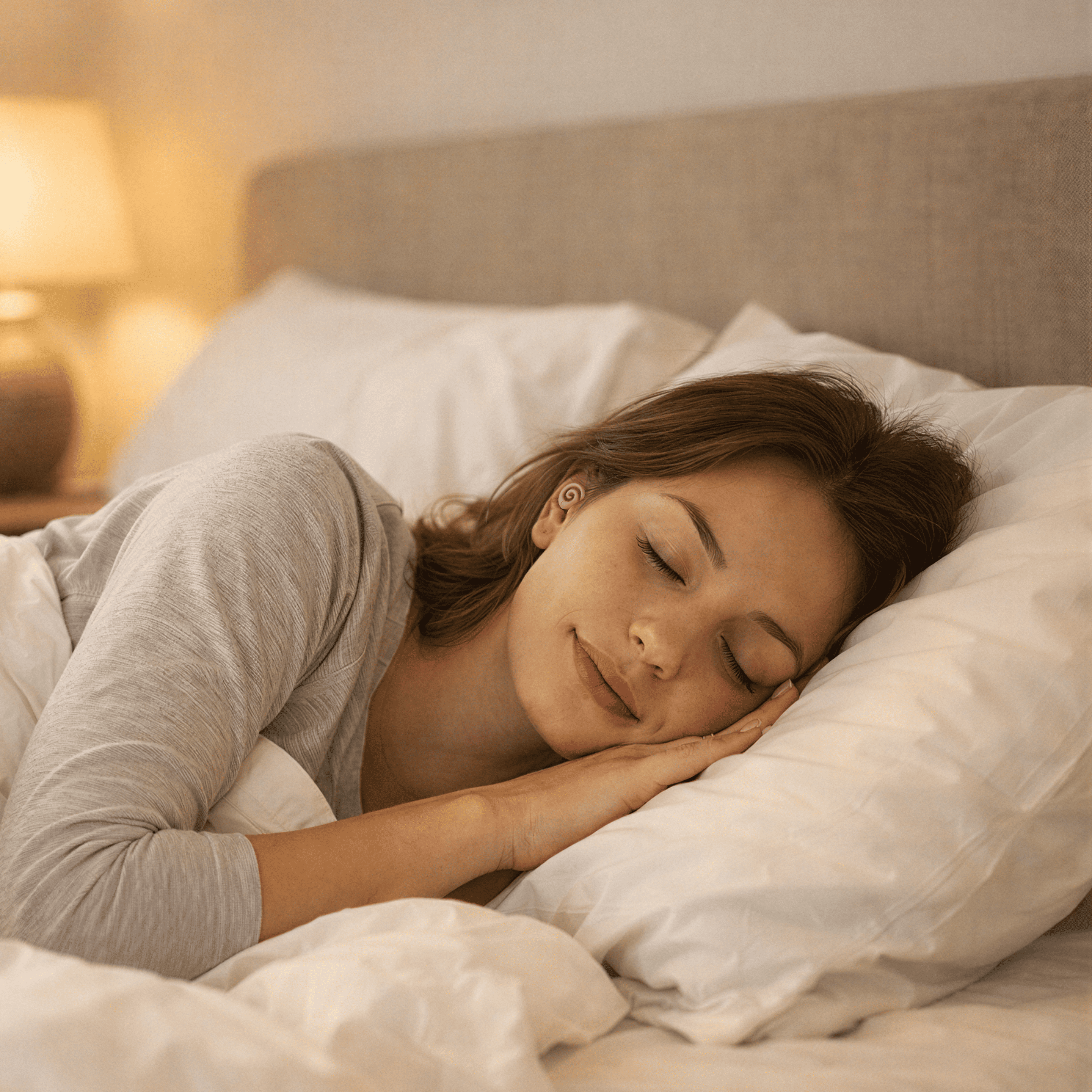 A woman wearing a spiral earplug sleeps peacefully in a bed with her head on a white pillow.