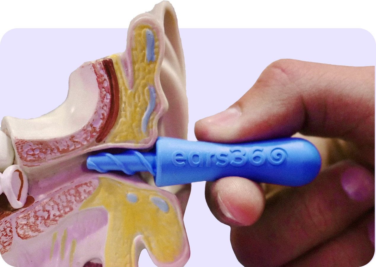 Model of an ear with a blue tool labeled 'ears360' inserted.