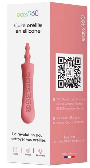 Packaging of a silicone ear cleaning tool with QR code and contact information.