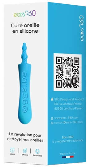 Blue silicone ear cleaner packaging with text and QR code.