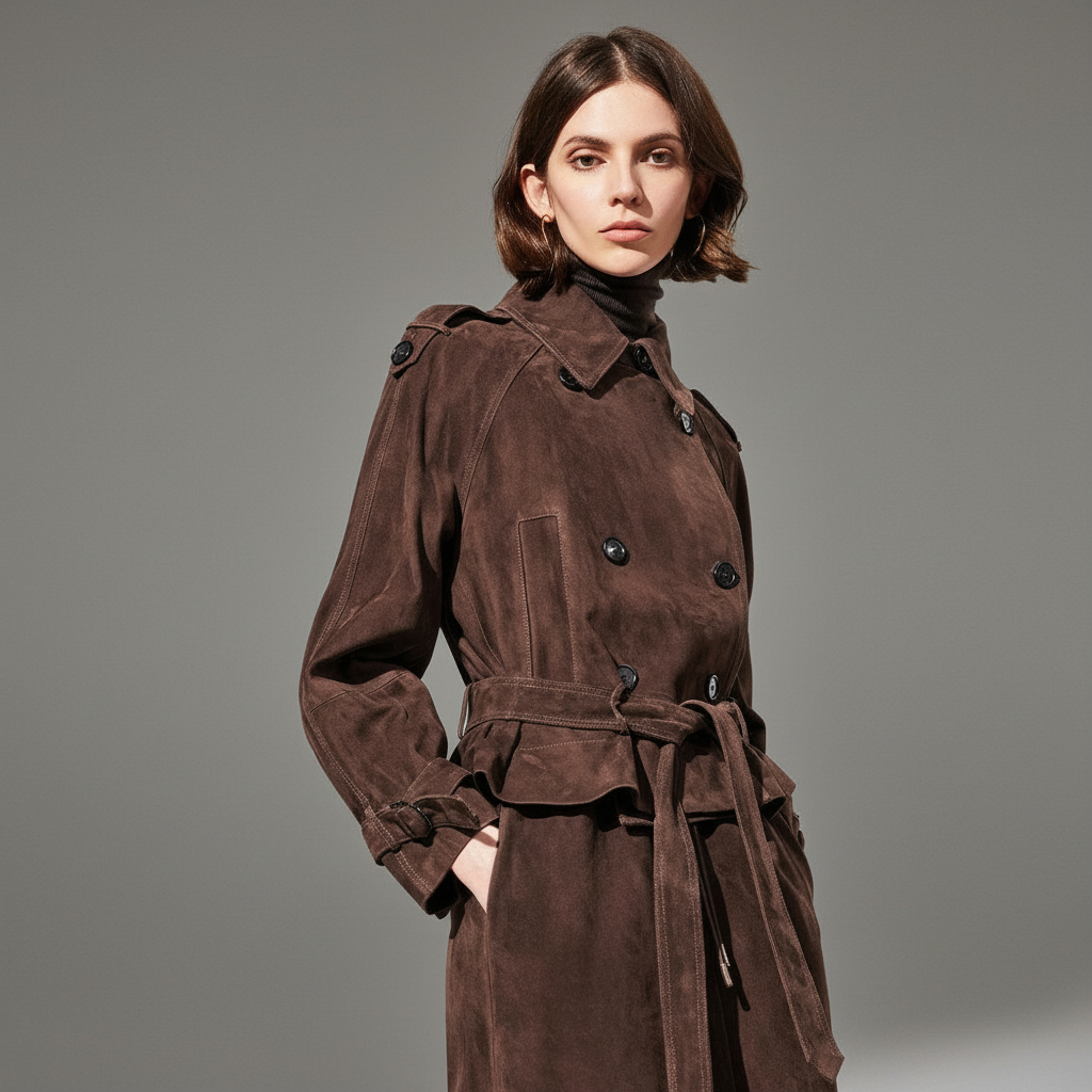 Person wearing a dark brown trench coat against a gray background.