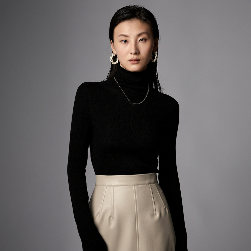 Person in black turtleneck and beige skirt against a gray background.