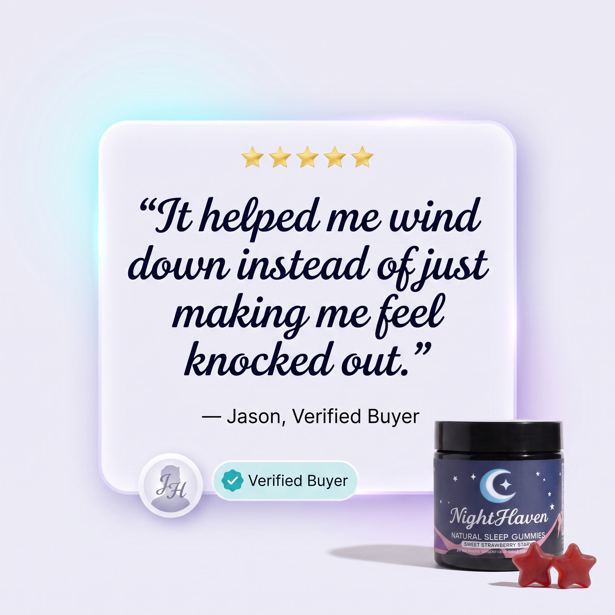 Advertisement for NightHaven sleep gummies with a 5-star customer review and product bottle.