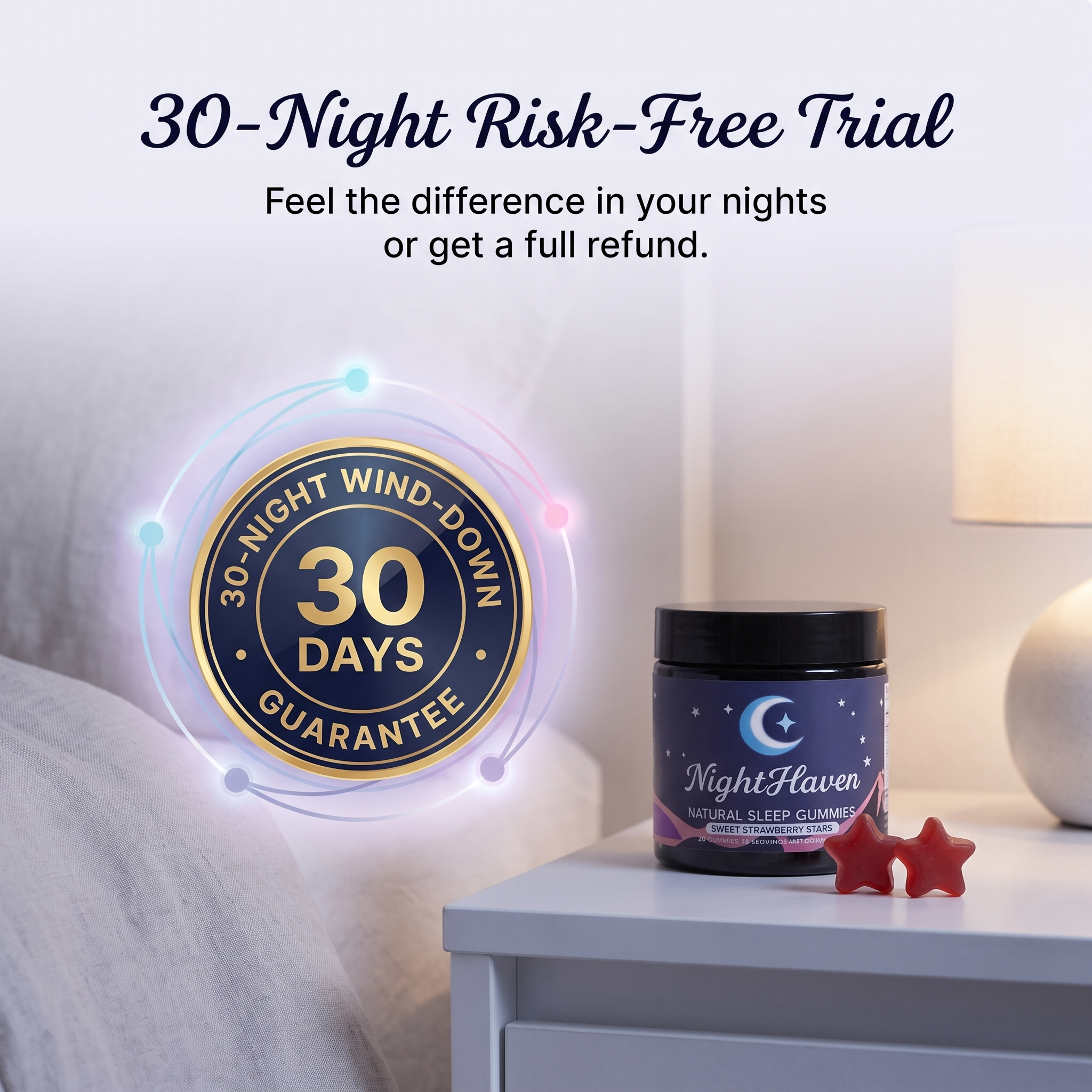 A bottle of Night Haven sleep gummies and two star-shaped gummies on a white nightstand.