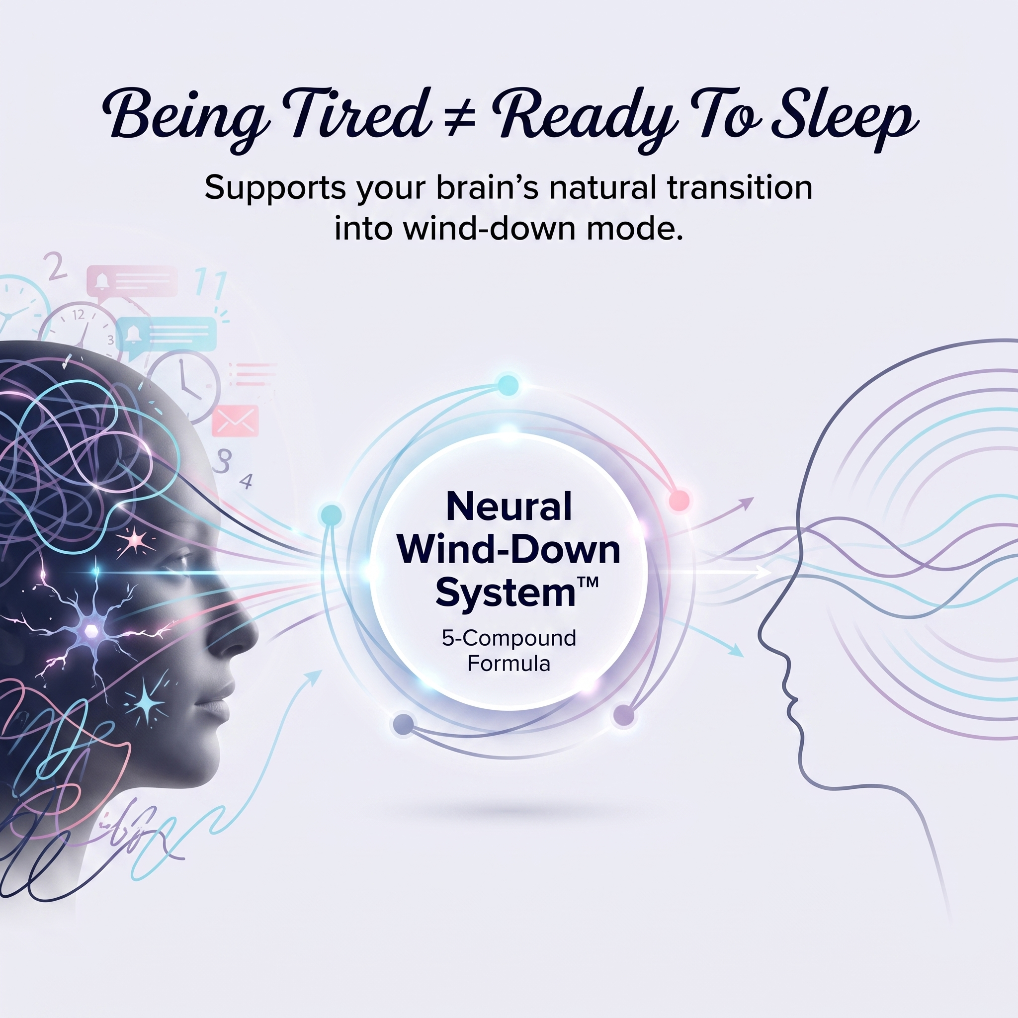 An infographic showing a busy mind transitioning to a calm one, with the text 'Neural Wind-Down System'.