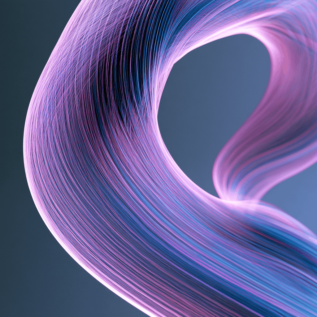 An abstract, glowing swirl of pink, purple, and blue lines against a dark background.