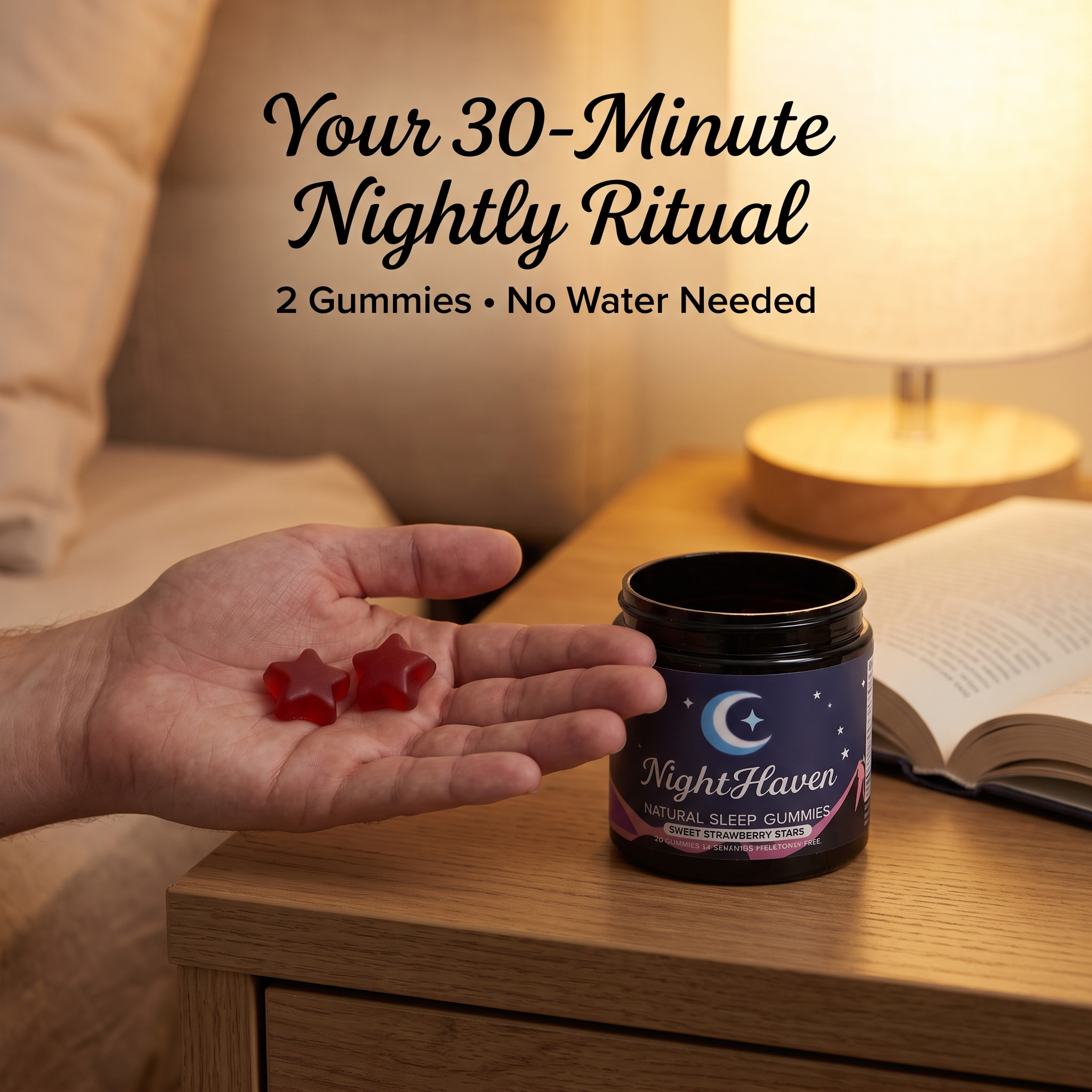 A hand holds two red, star-shaped sleep gummies next to a jar of the product on a nightstand.
