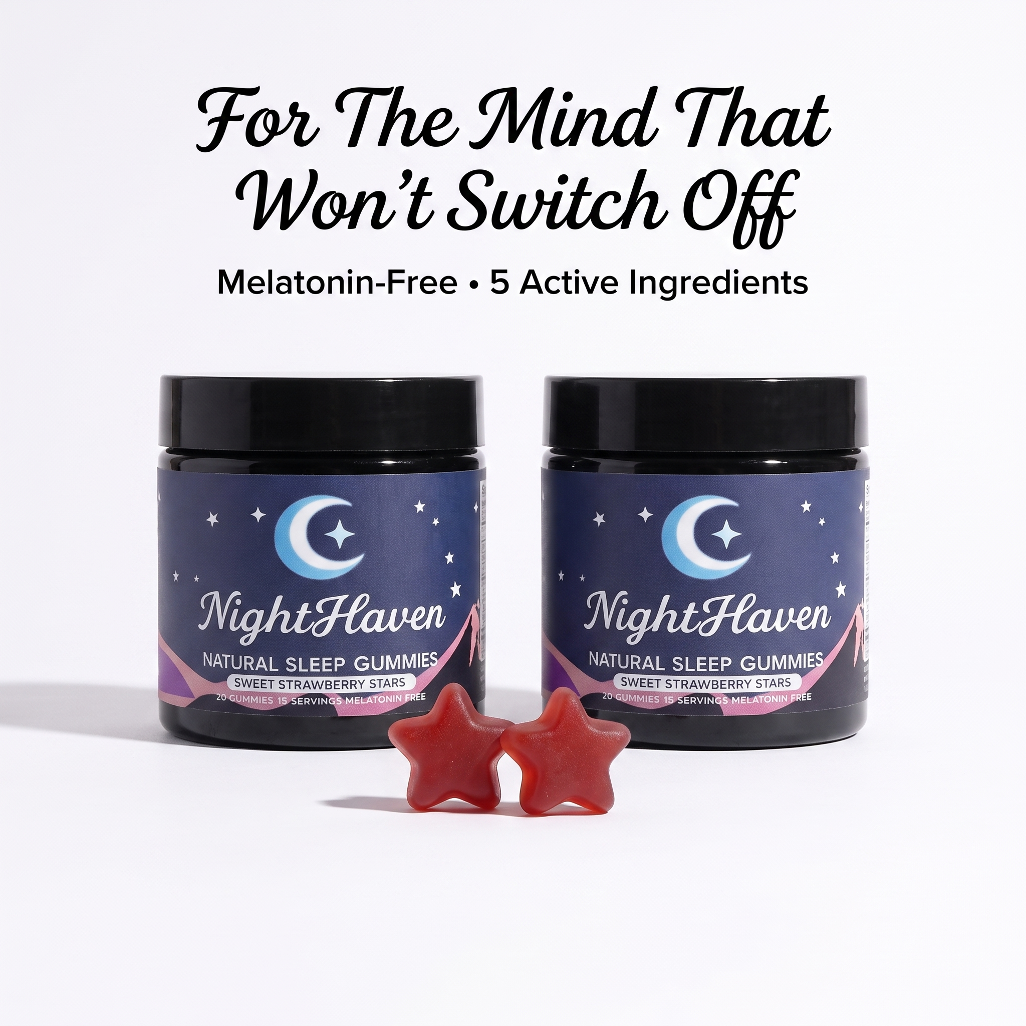 Two jars of NightHaven Natural Sleep Gummies with two red, star-shaped gummies in front.