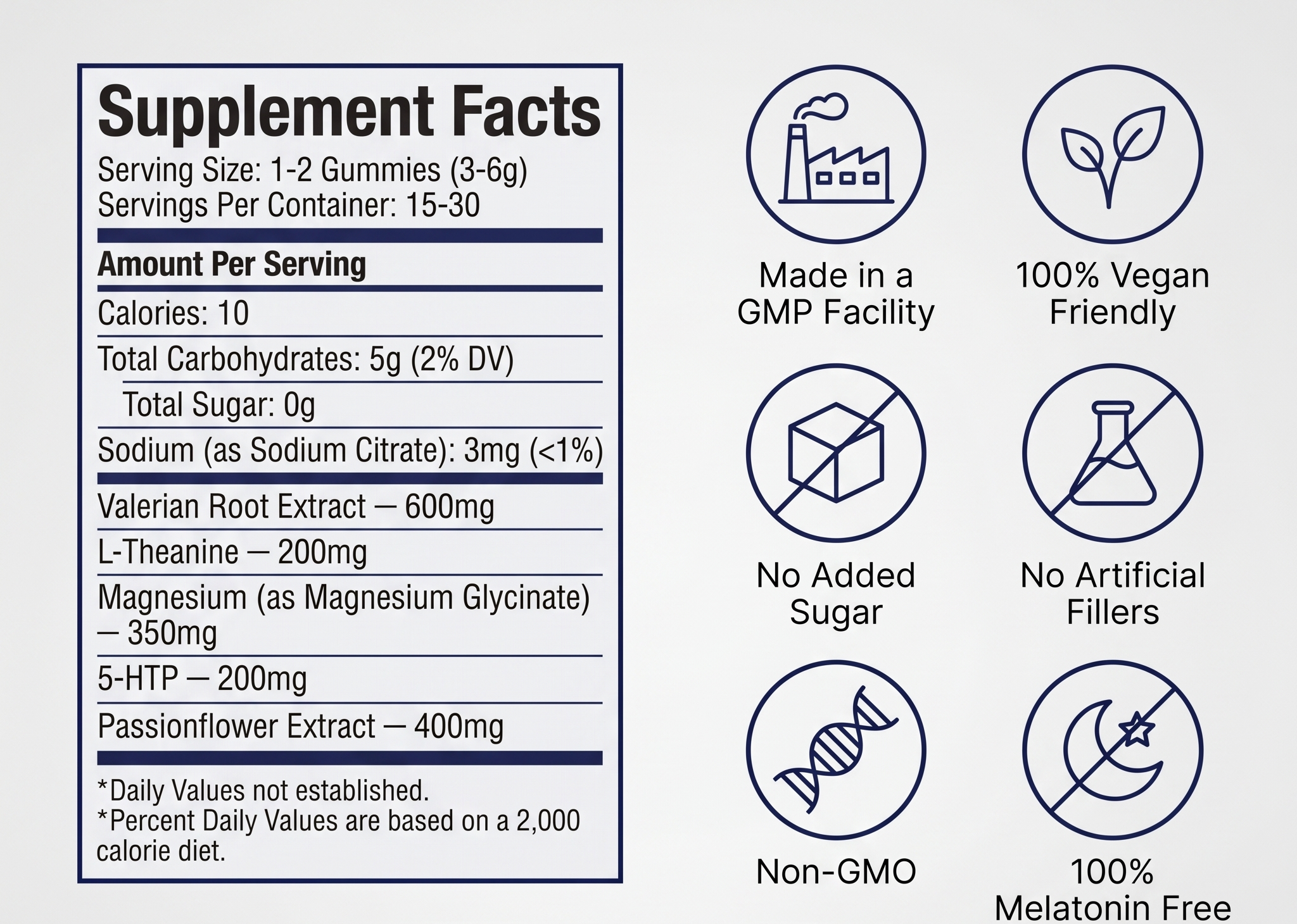 The supplement facts label for a gummy product, showing ingredients, serving size, and product feature icons.