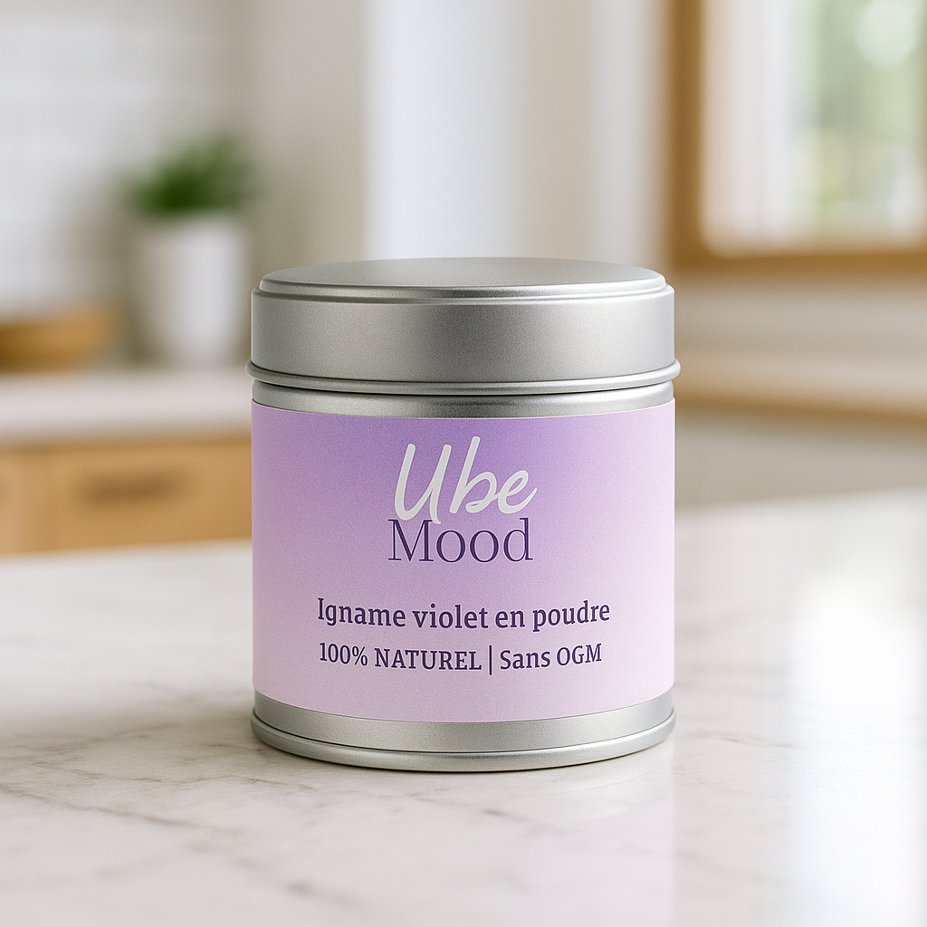 A tin labeled 'Ube Mood' on a kitchen counter.