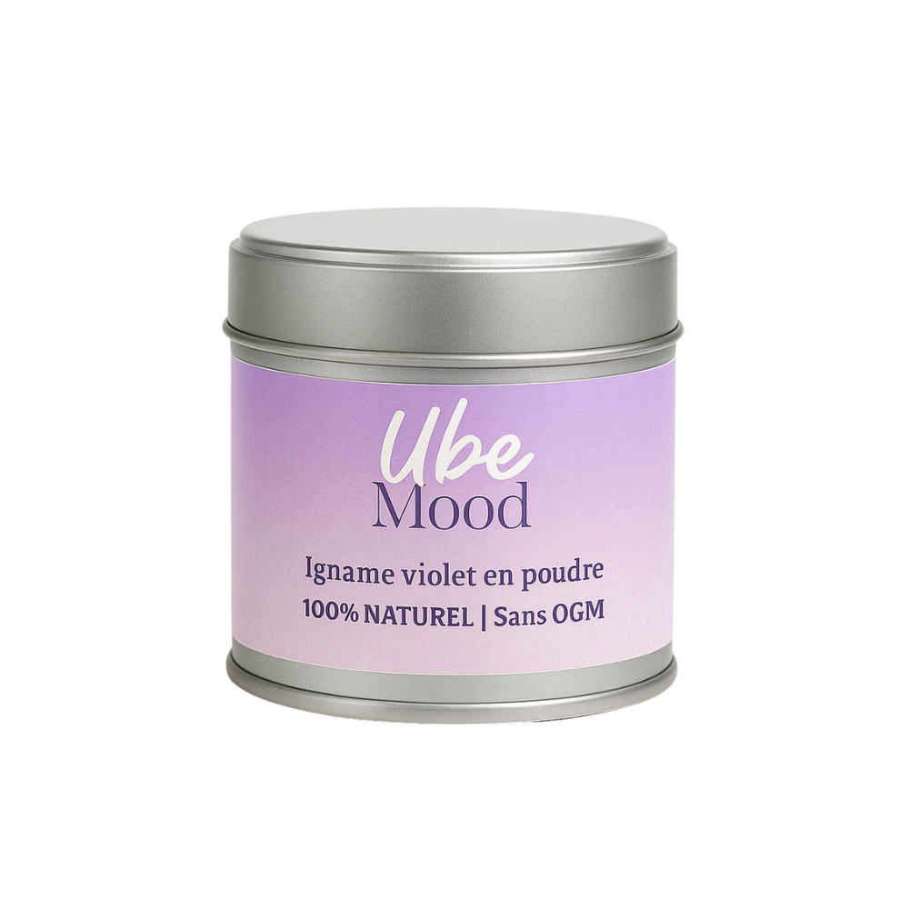 A tin labeled 'Ube Mood' with purple gradient design.
