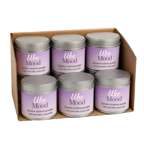 Six purple tins labeled 'Ube Mood' in a cardboard box.