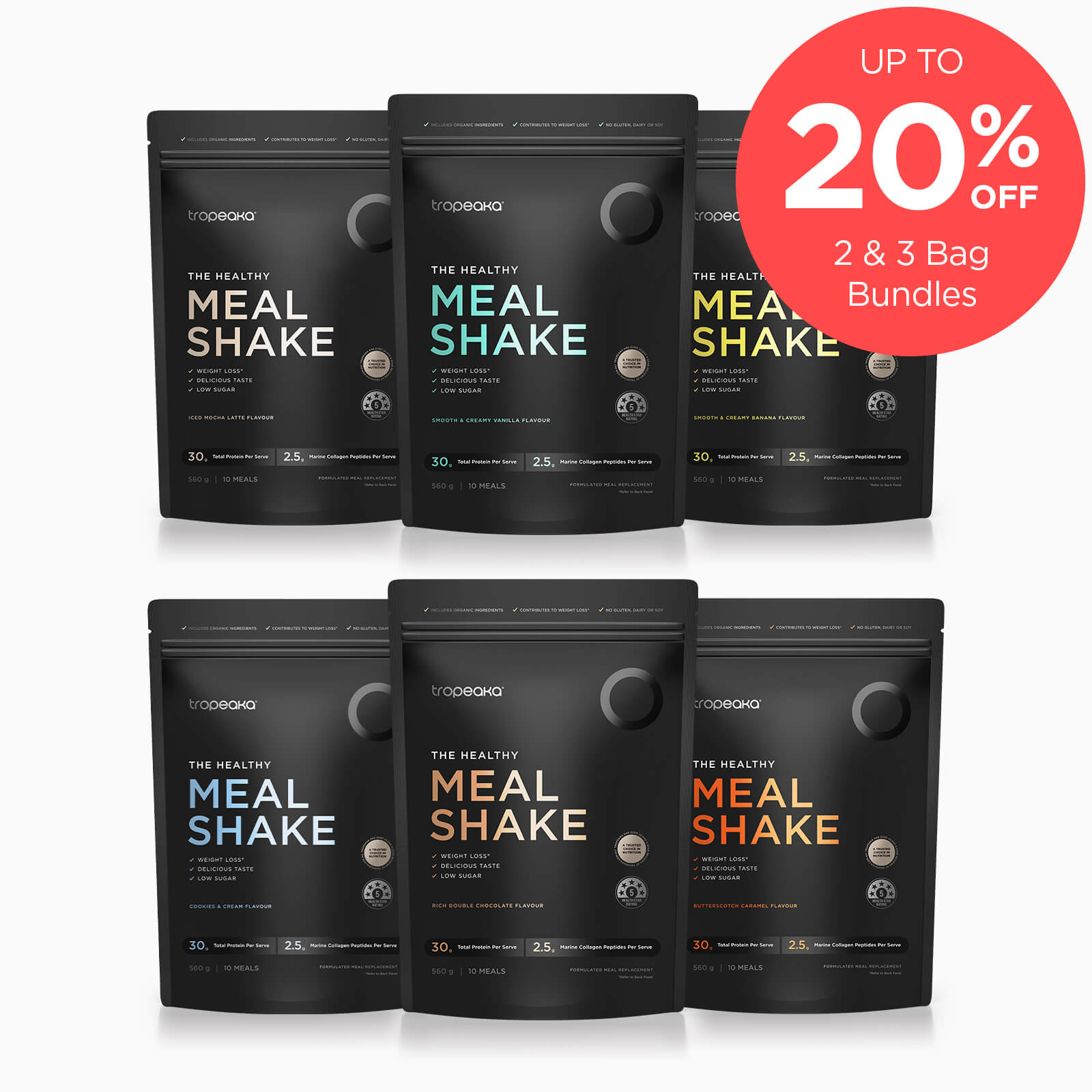 Six meal shake bags with 20% off promotion badge.