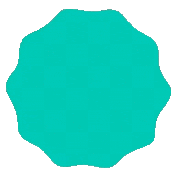 A teal scalloped circular shape on a grey background.