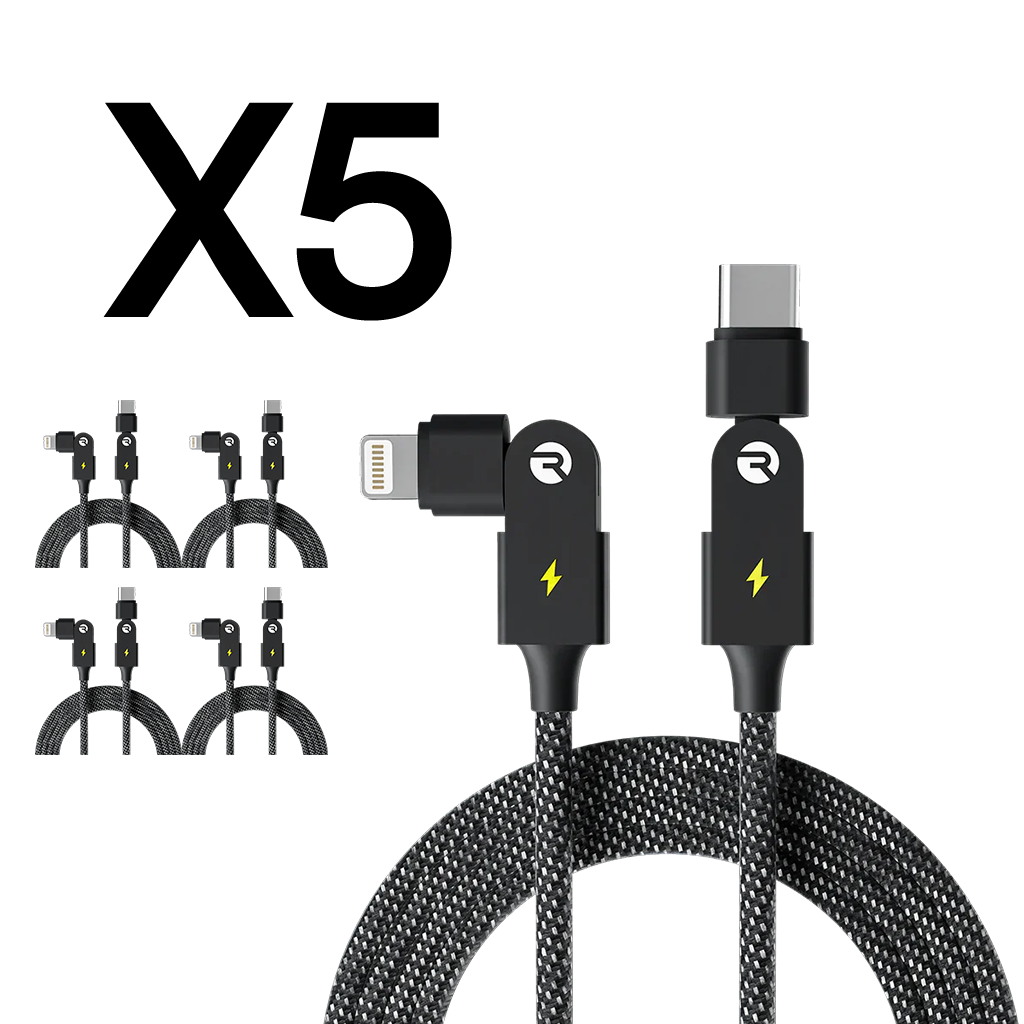 Five black braided charging cables with lightning and USB-C connectors.