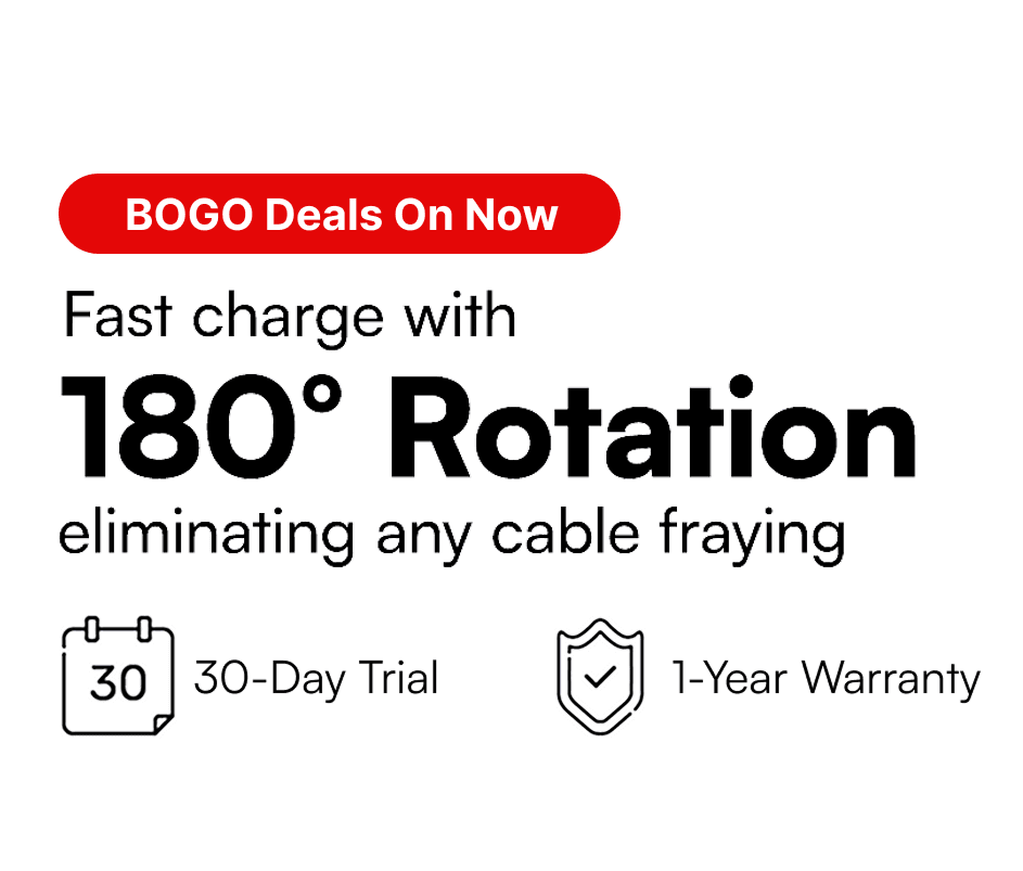 Promotional graphic with text about fast charging and 180° rotation.