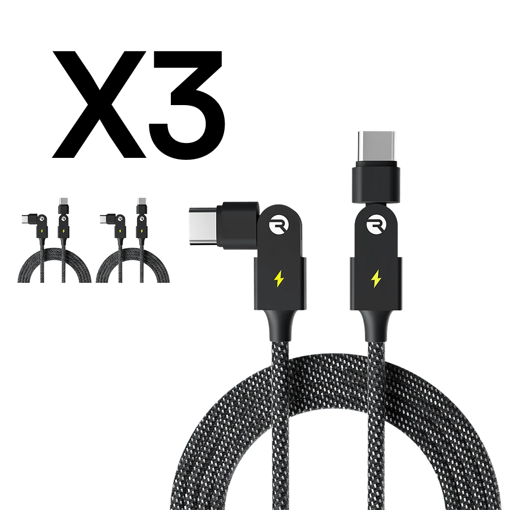 Black braided USB-C cables with angled connectors and lightning bolt symbols, labeled 'X3.'