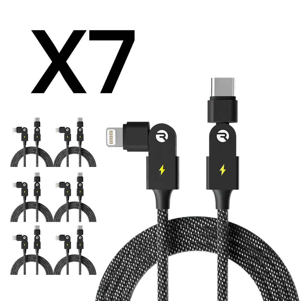 Black braided charging cables with lightning and USB-C connectors, shown in a set of seven.