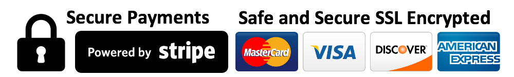 Payment options with logos: Mastercard, Visa, Discover, American Express, powered by Stripe.