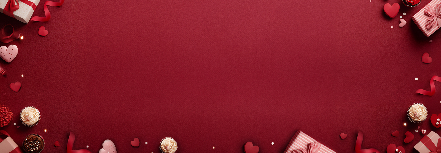 A flat lay of Valentine's Day gifts, cupcakes, and hearts bordering a textured red background.