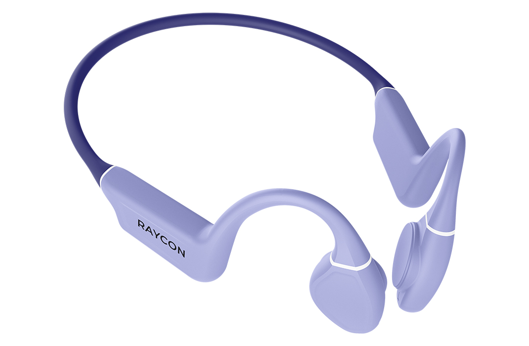 Purple bone conduction headphones with 'RAYCON' logo on the side.