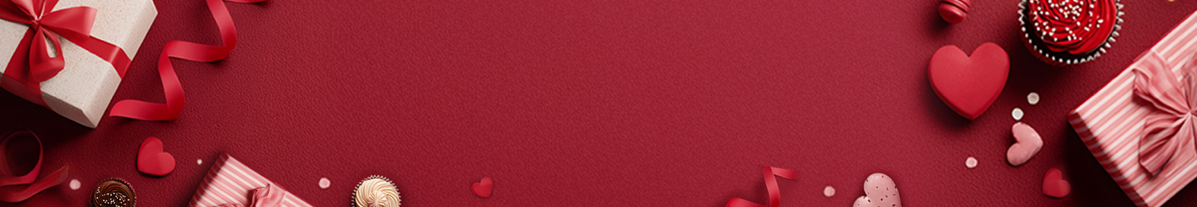 A Valentine's Day themed banner with gift boxes, cupcakes, and hearts on a red background.