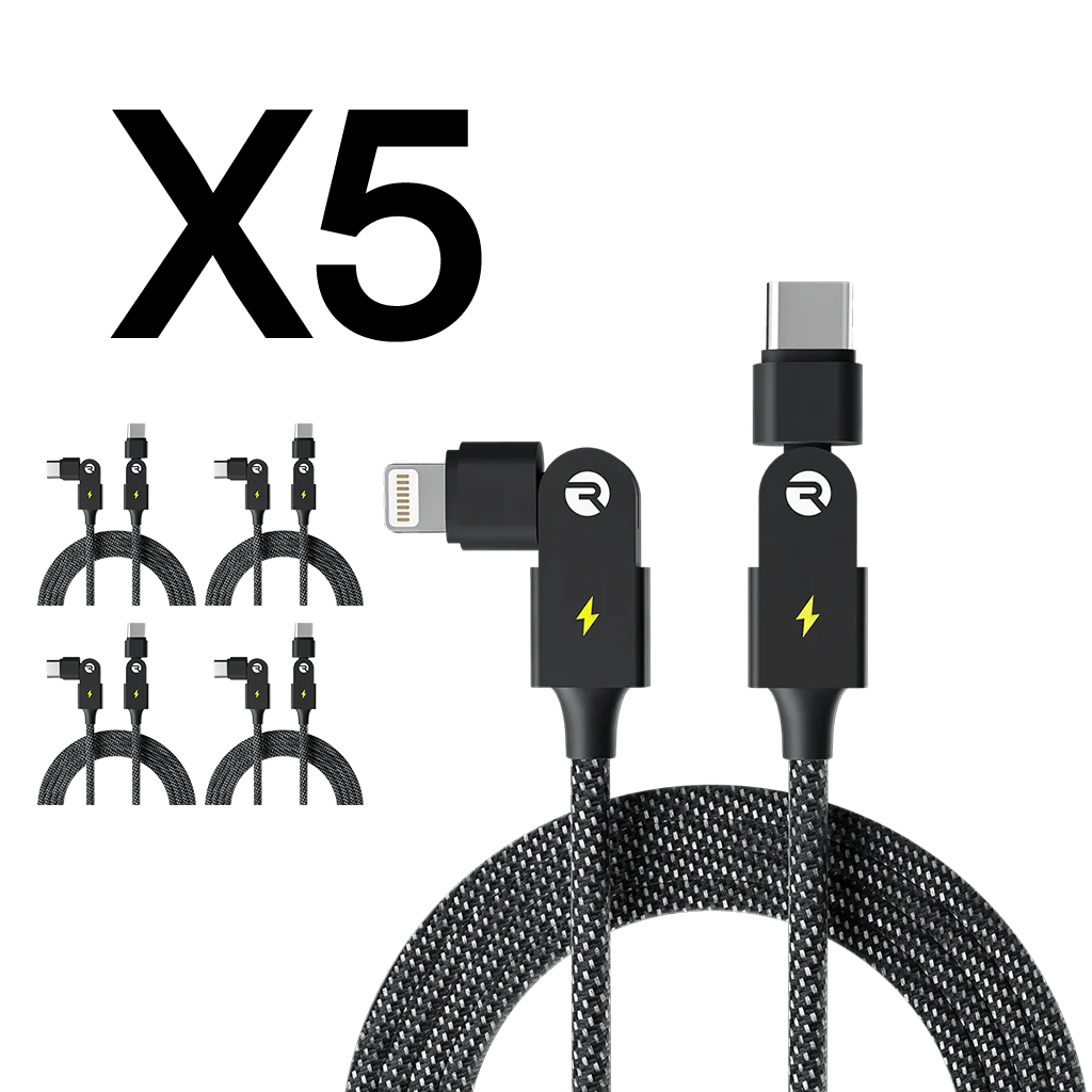 Five black braided charging cables with lightning connectors and USB-C ends.